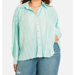 Eloquii Satin Pleated Button Front Blouse Mint Green Long Sleeve Plus Size 20